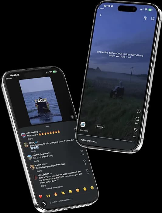 Two phones showing short-form ad creatives for a music campaign