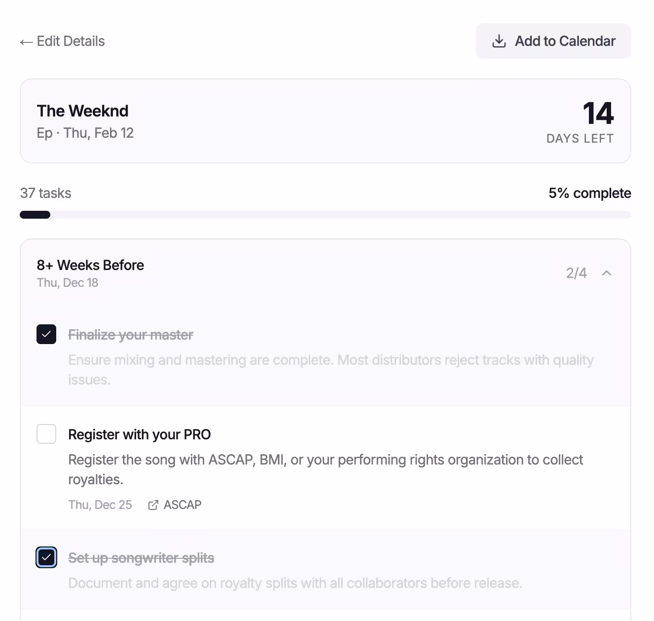 Music Release Planner preview