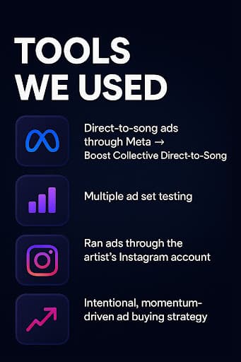 Marketing tools and platforms used in M VZN's promotional campaign including Meta Ads, Multiple ad set testing, and Intentional, momentum-driven ad buying strategy