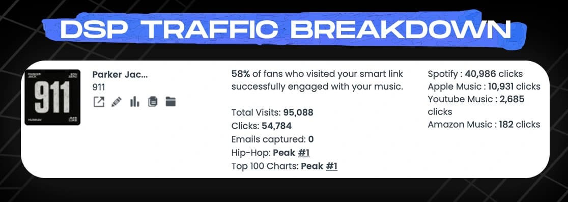 DSP traffic breakdown showing 95K visits with 58% engagement rate across Spotify, Apple Music, and YouTube Music