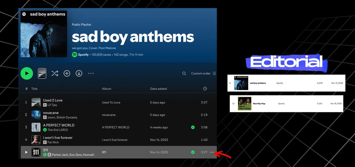 911 placed on Spotify editorial playlists Sad Boy Anthems and New Hip Hop