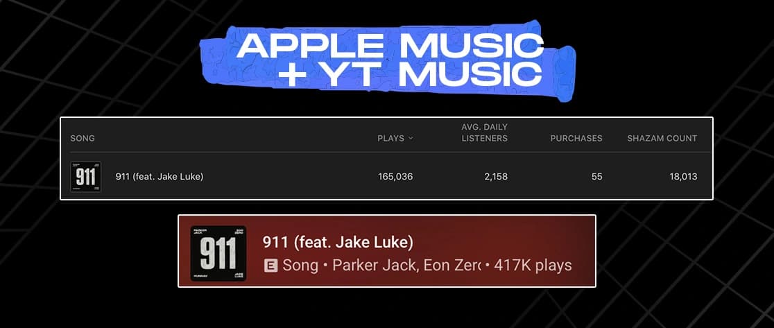 Apple Music and YouTube Music performance showing 165K and 417K plays respectively